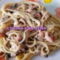 Espaguetis carbonara, con bacon y champiñón, ([...]
