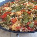 Paella de pollo y judías