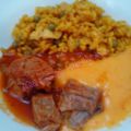 Solomillo combinado con arroz y puré