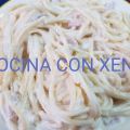 Espaguetis con nata y bacon, en microondas con[...]