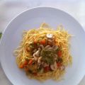 Spaghetti con champiñones al pesto