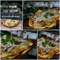 Bacalao con gulas sobre patatas panaderas