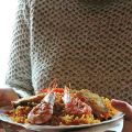 Arroz con gambones y merluza, paella de pescado