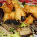 Gambones en tempura con setas de temporada