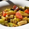 Rigattoni con coles de bruselas y cúrcuma