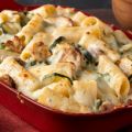 Rigatoni con crema de calabacita y espinaca