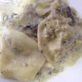 Raviolis en salsa de puerros y setas