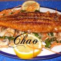 Salmonetes plancha con verduras salteadas.