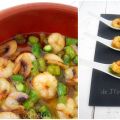 Gambas al ajillo con champiñones y esparragos.