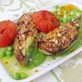 Bistecs de berenjena en crema de guisantes
