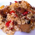 Arroz con setas y melocotón asado