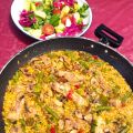 Arroz con pollo, verduras y champiñones