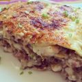 Lasaña de hongos, langostinos y jamón