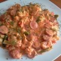 PASTA FARFALLE CON SALCHICHAS Y PIMIENTOS VERDES