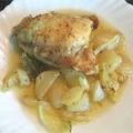Pollo con cebolla al brandy