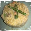 risotto de  panceta y espárragos con foie