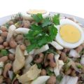 Ensalada templada de fradiños con bacalao