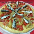 Coca de escalivada con sardinas