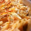 Farfelle gratinados a la carbonara vegetarianos