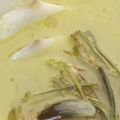 Sopa de lechuga con láminas de bacalao y[...]