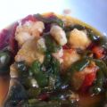 Bacalao exprés con pimientos y gambas
