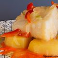 Bacalao encebollado en salsa de pimientos