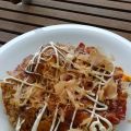Okonomiyaki con setas y langostinos