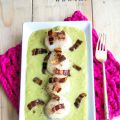 Vieiras con crema de puerros y bacalao