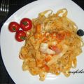 Pasta con salsa de tomates cherry y langostinos
