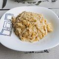 Pasta con crema de gorgonzola, pera y nueces