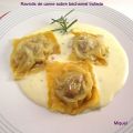 Raviolis   de carne sobre   bechamel trufada