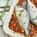 Dorada al horno con verduras y almendras